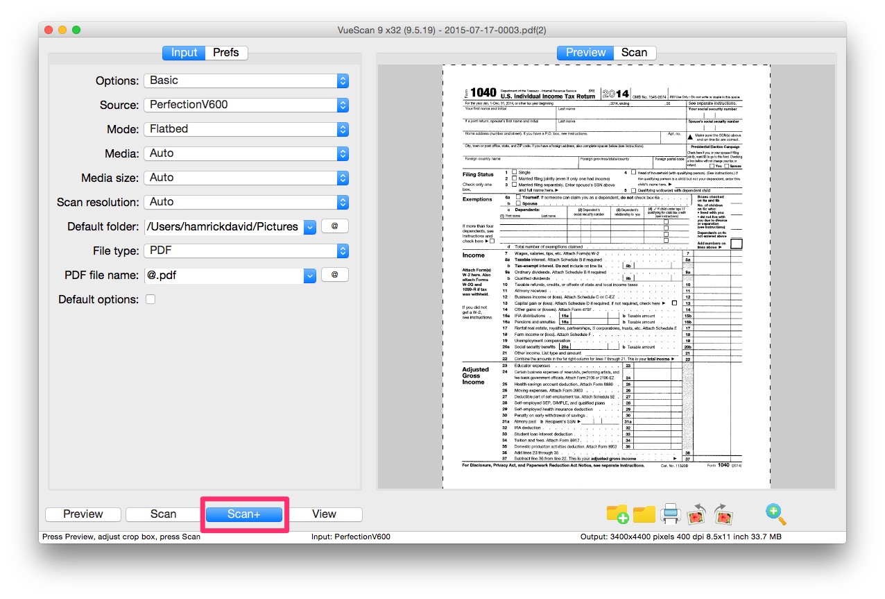 A screenshot of VueScan showing how to scan a multipage PDF