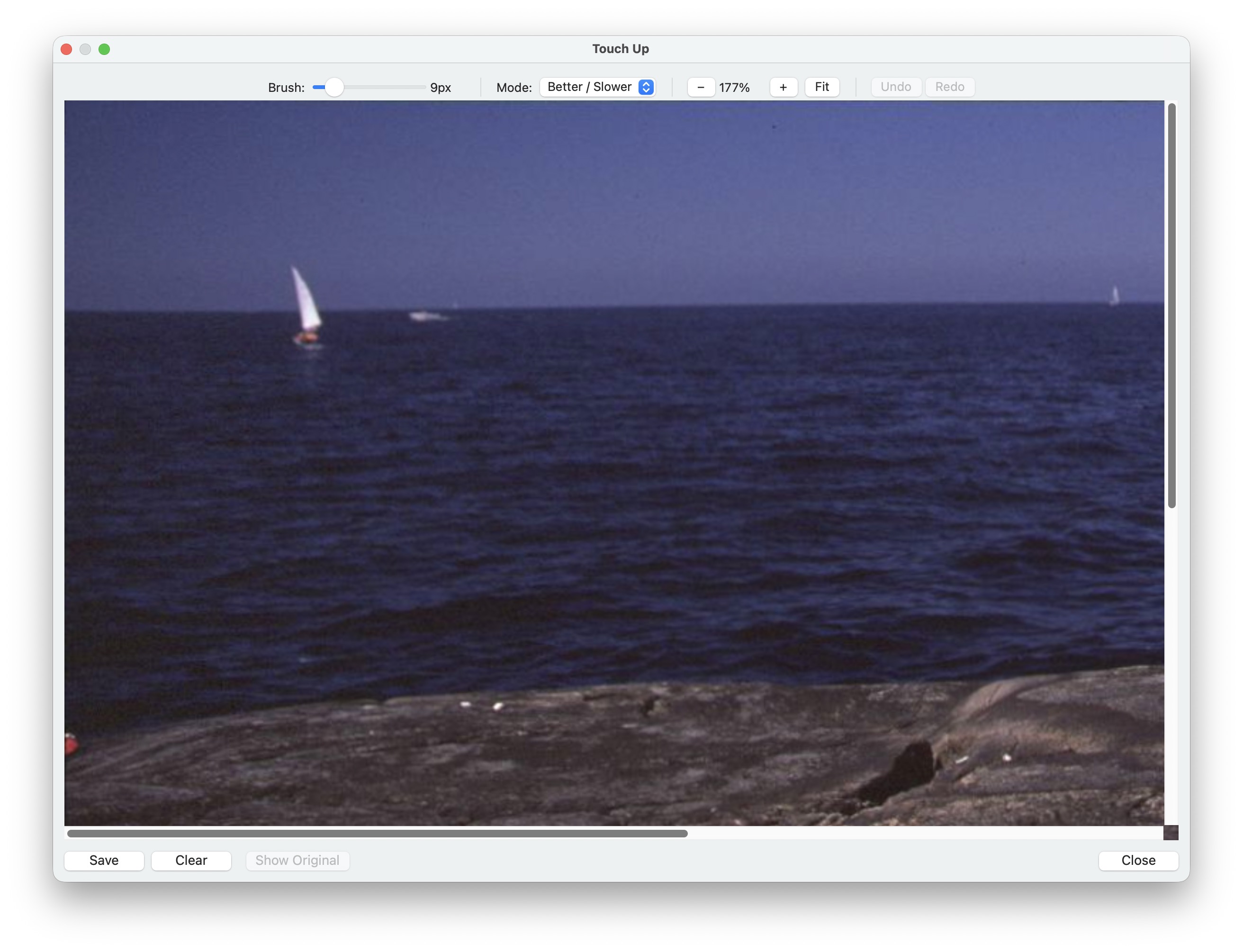 A scanned slide with distant sailboats on the horizon, before Touch Up 2.0