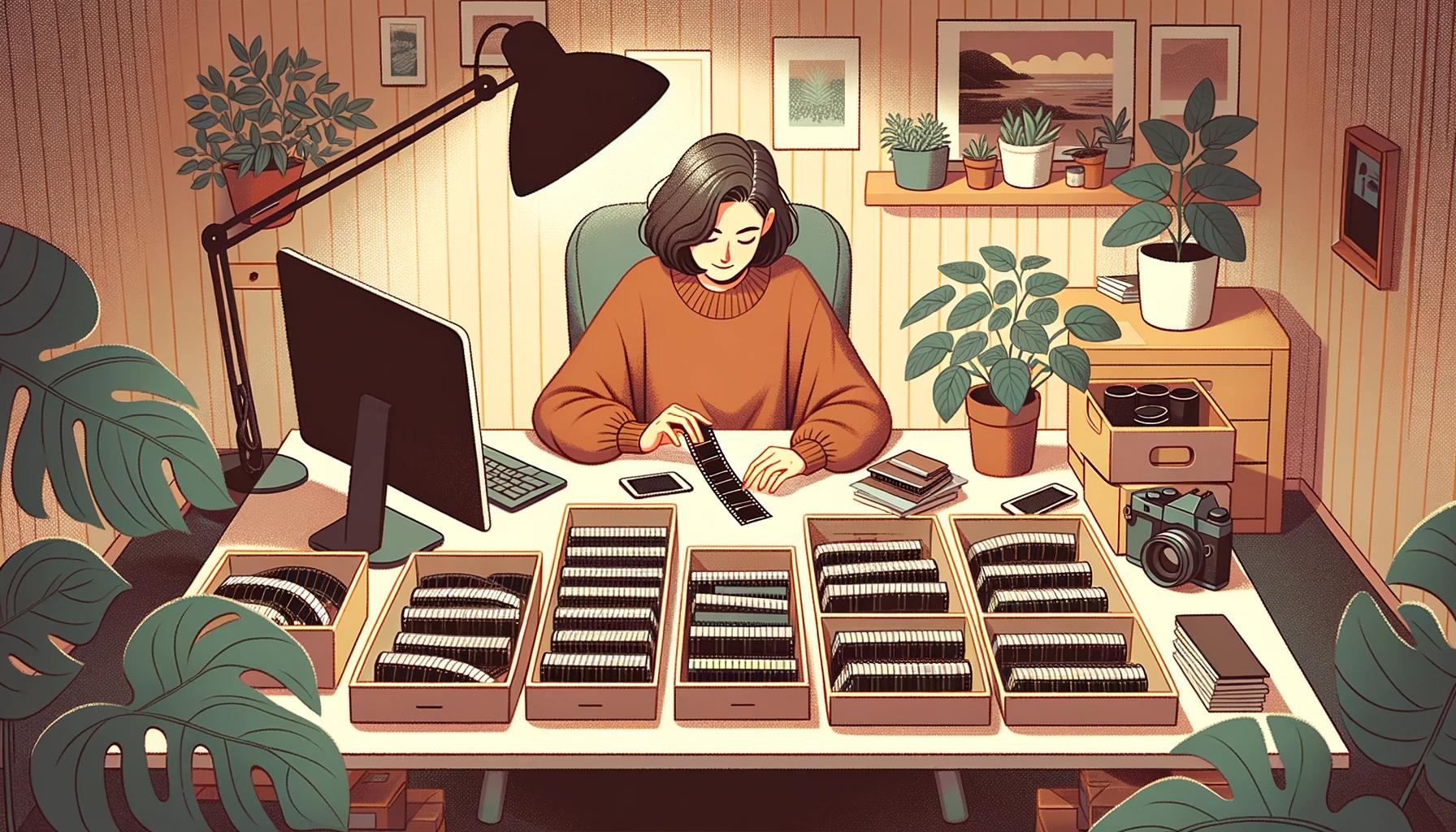 An illustration of a woman organizing her negative film collection