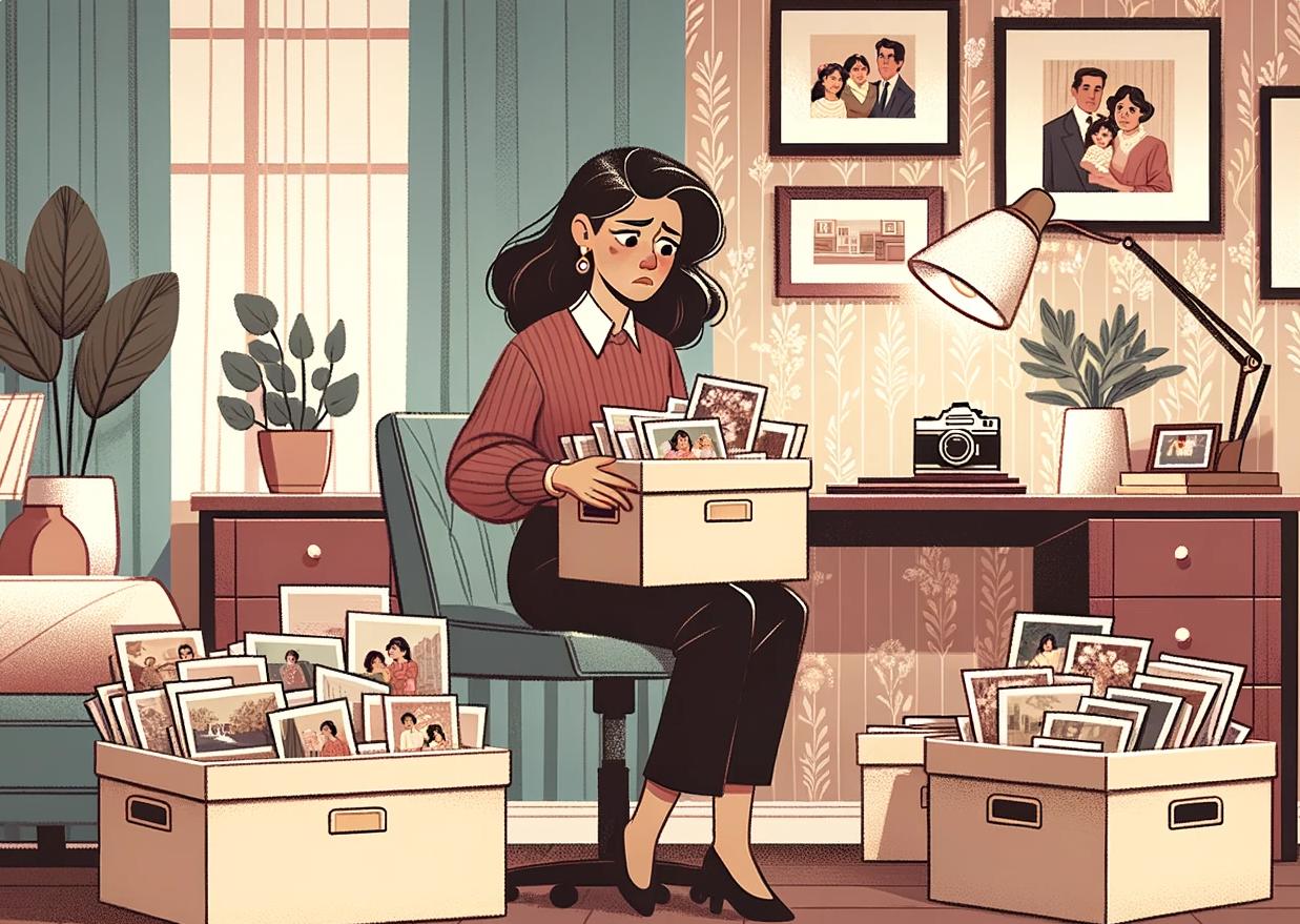 An illustration of a woman organizing her family's photo collection